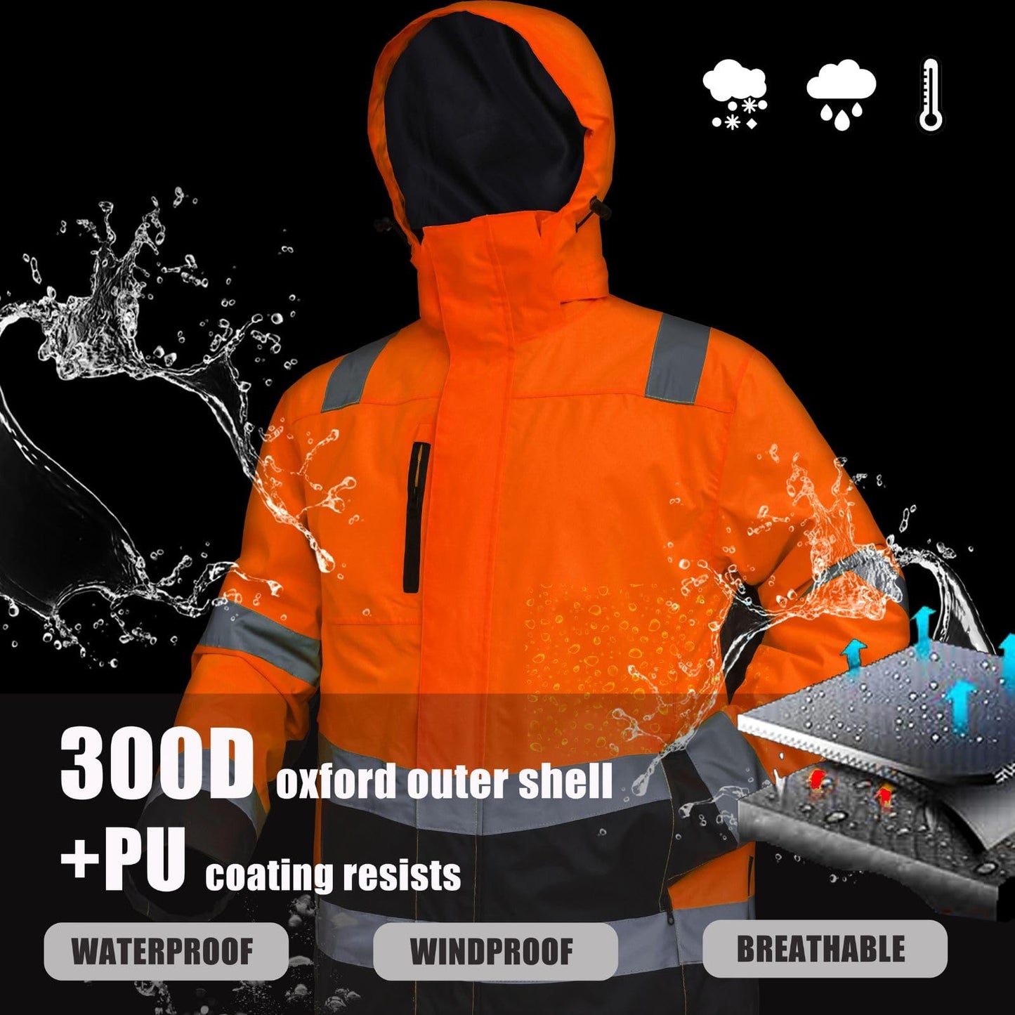 WORK IDEA High Visibility Reflective Jackets for Men Hi Vis Weatherproof 4- in-1 Convertible Rain Coat/Thermal Vest