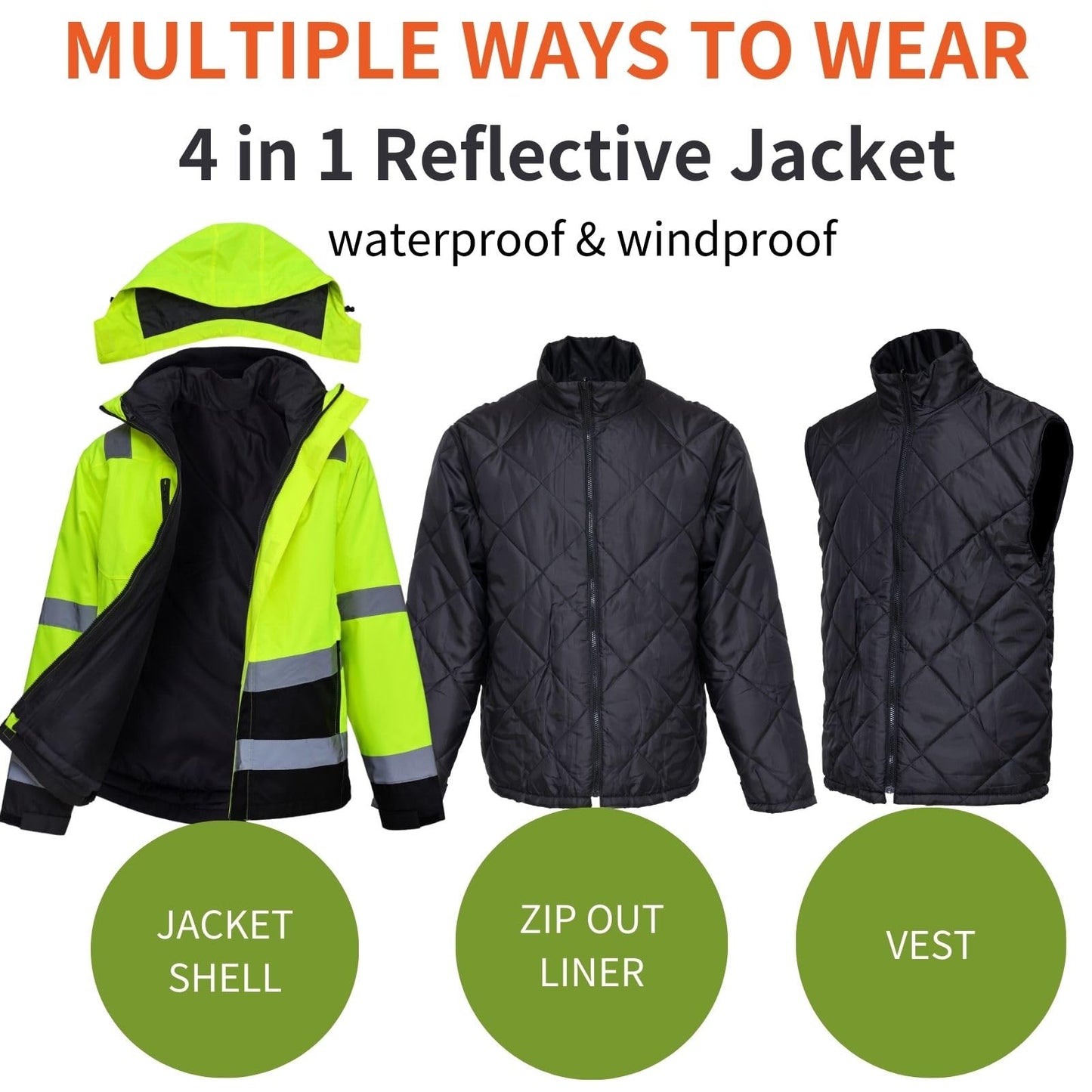 WORK IDEA High Visibility Reflective Jackets for Men Hi Vis Weatherproof 4- in-1