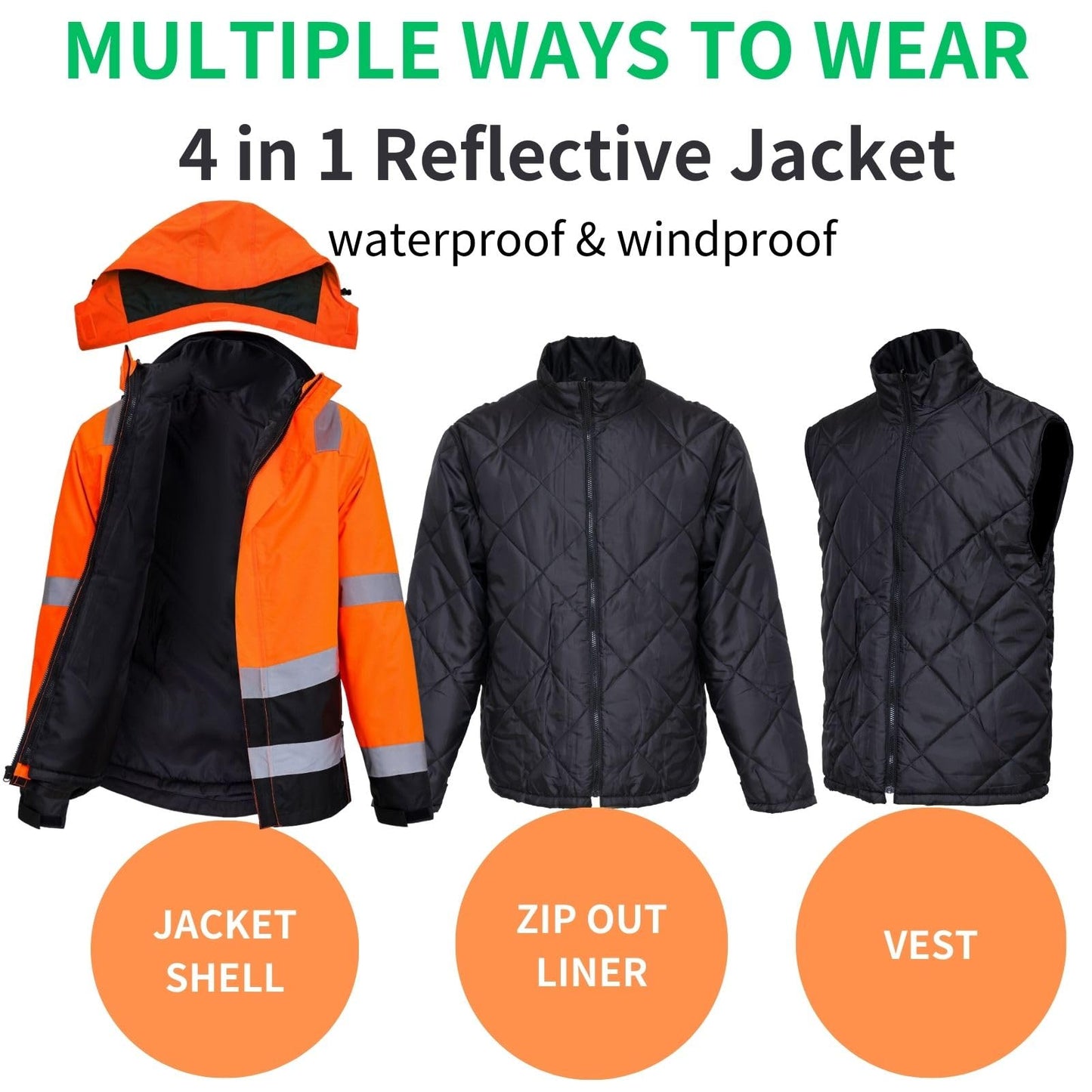 WORK IDEA High Visibility Reflective Jackets for Men Hi Vis Weatherproof 4- in-1 Convertible Rain Coat/Thermal Vest